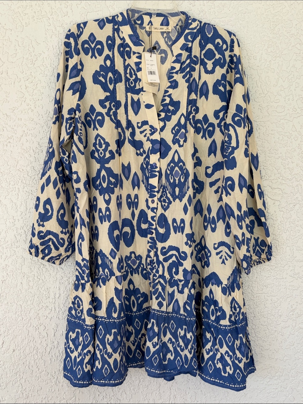 Salty Lemon blue  and Cream ikat print oversized Tunic Dress size M